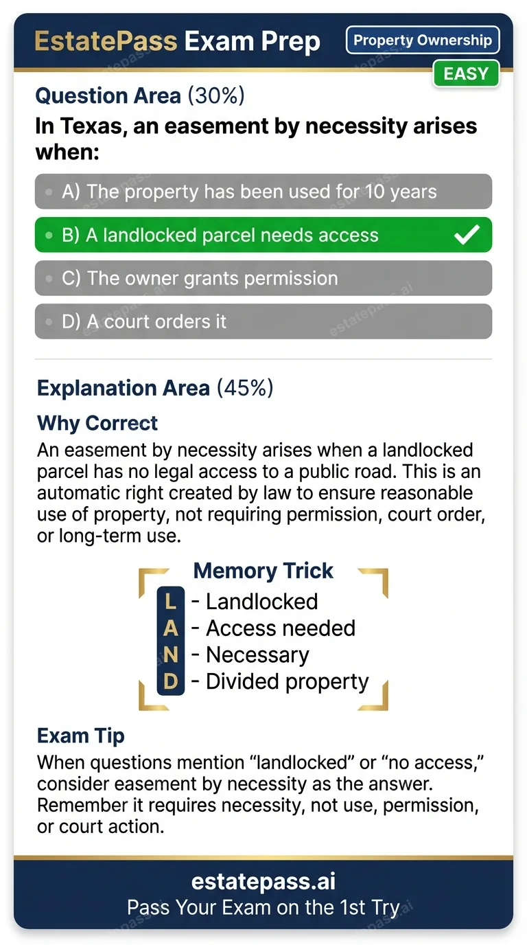 Study card infographic for: In Texas, an easement by necessity arises when: