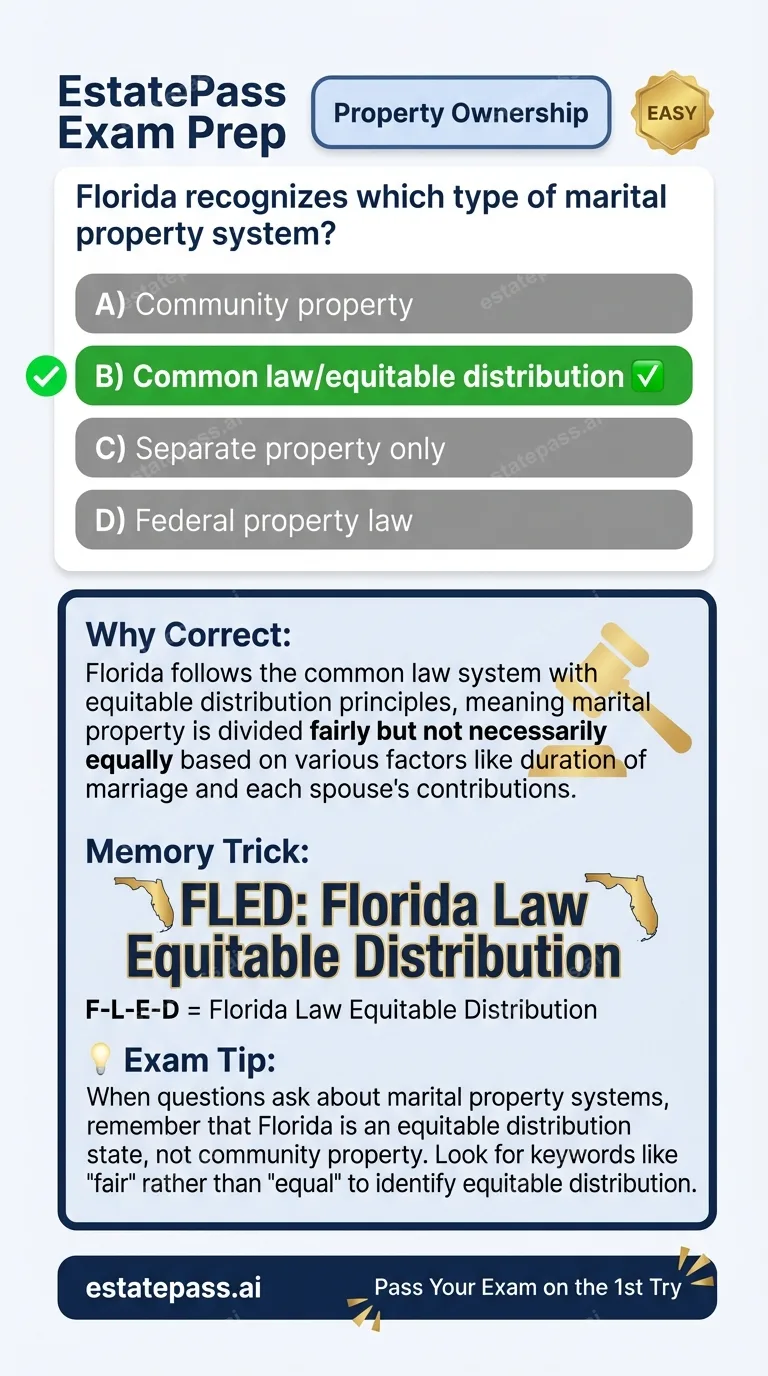 Study card infographic for: Florida recognizes which type of marital property system?