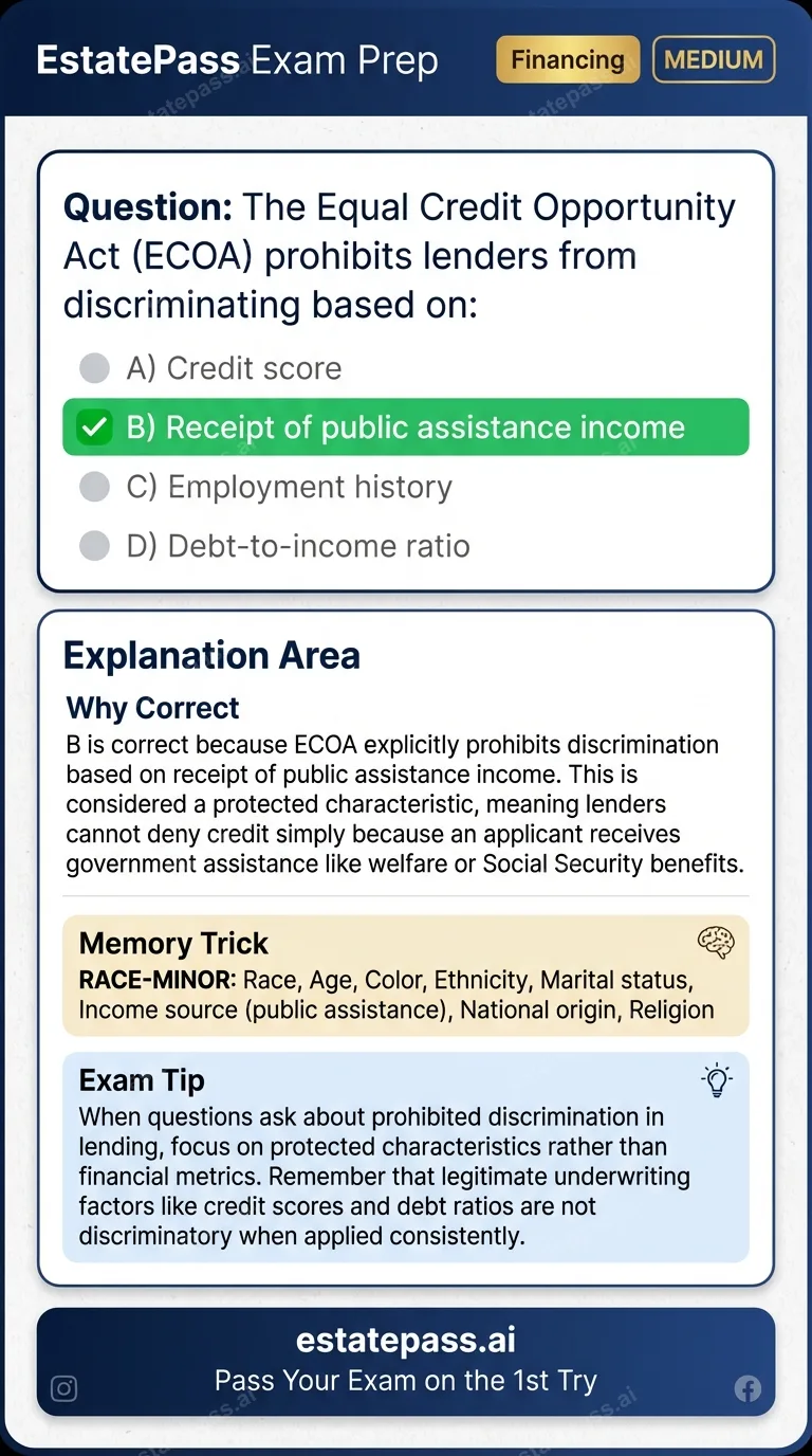Study card infographic: The Equal Credit Opportunity Act (ECOA) prohibits lenders from discriminating ba