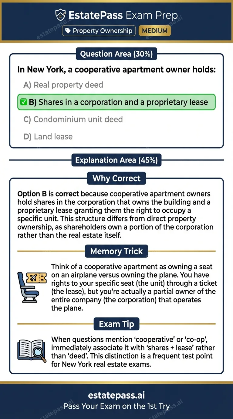 Study card infographic for: In New York, a cooperative apartment owner holds: