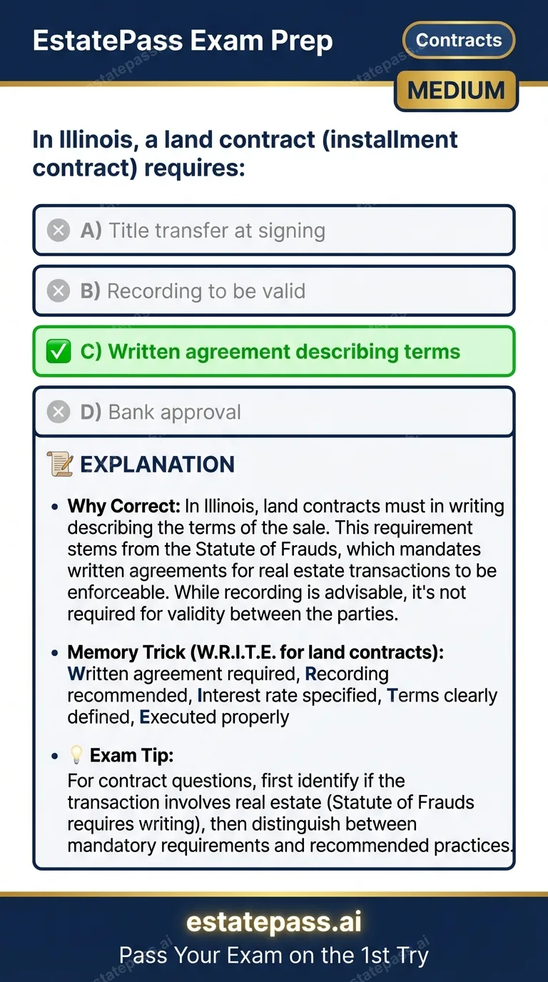 Study card infographic for: In Illinois, a land contract (installment contract) requires: