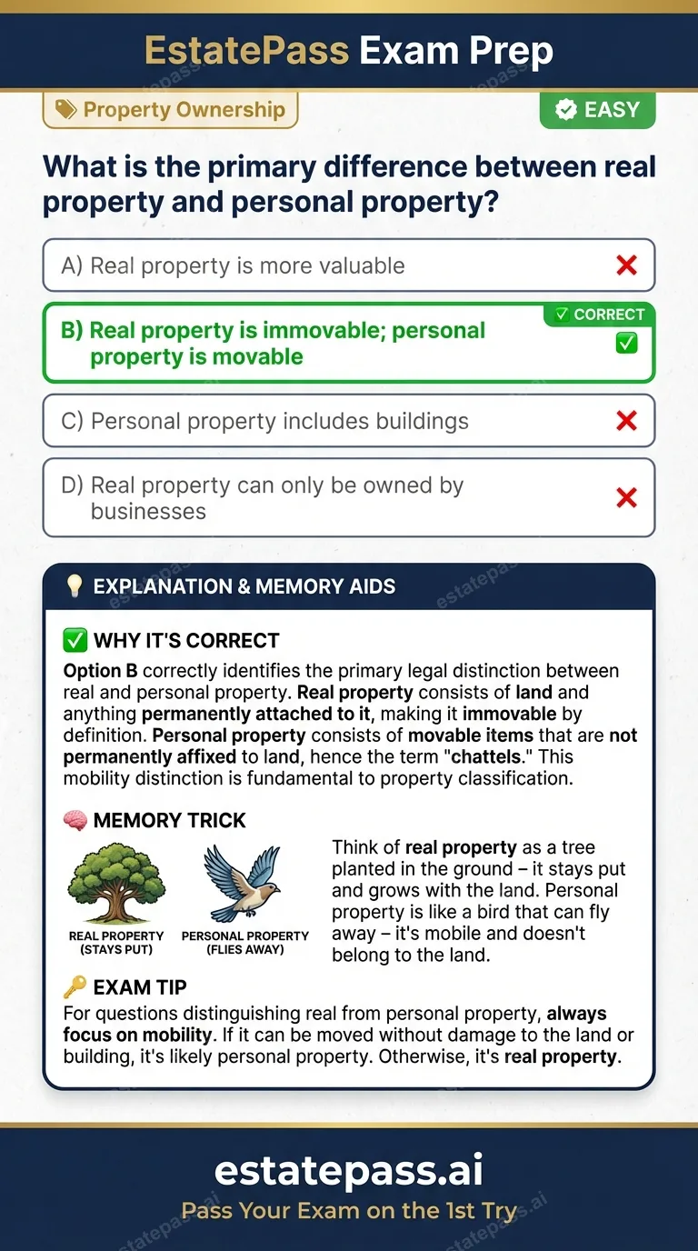 Study card infographic for: What is the primary difference between real property and personal property?