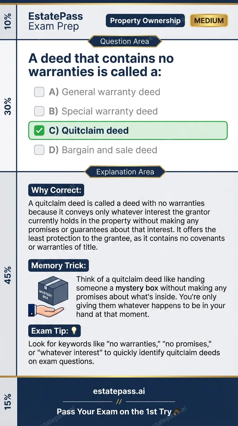 Study card infographic for: A deed that contains no warranties is called a: