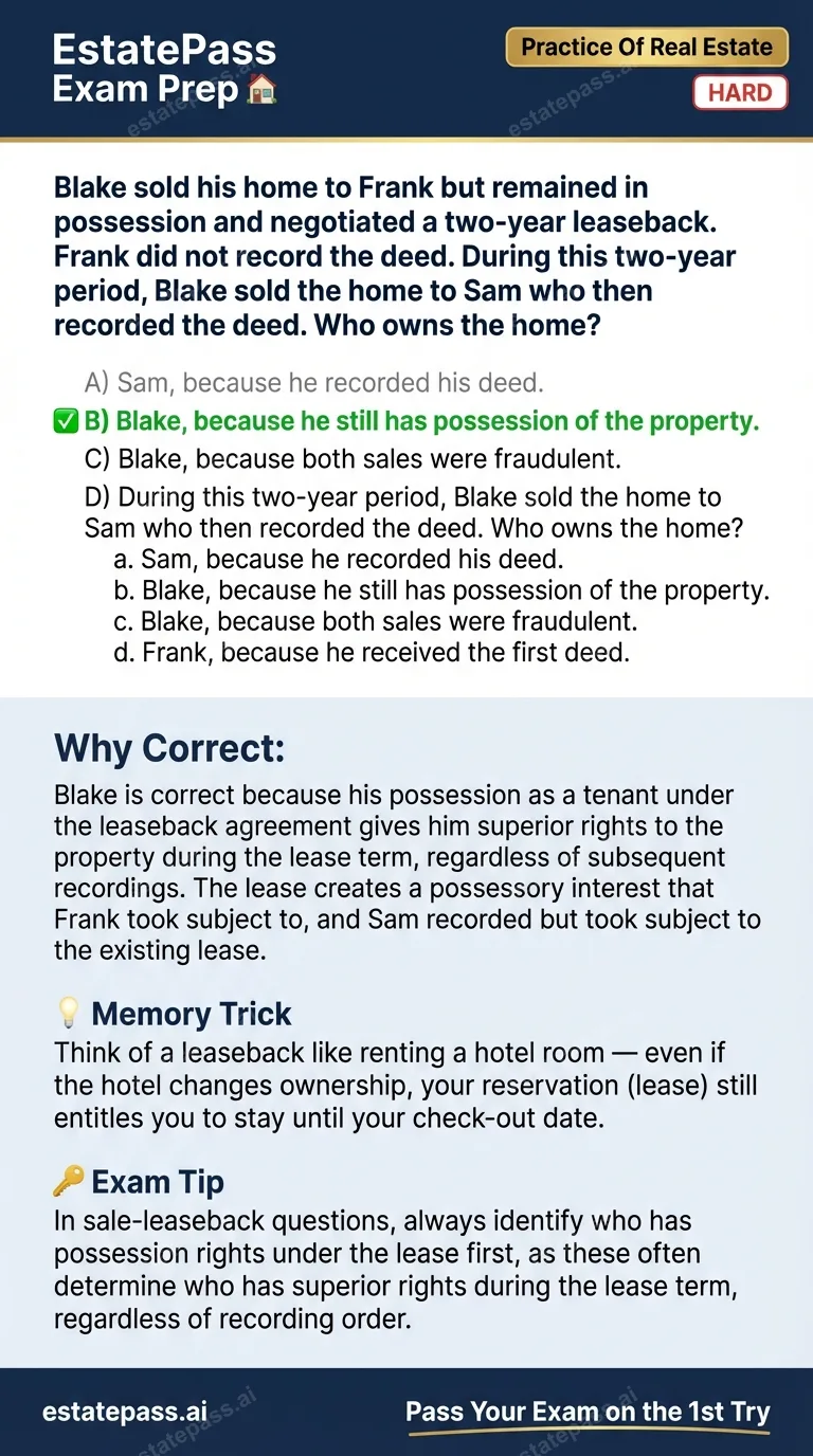 Study card infographic: Blake sold his home to Frank but remained in possession and negotiated a two-yea