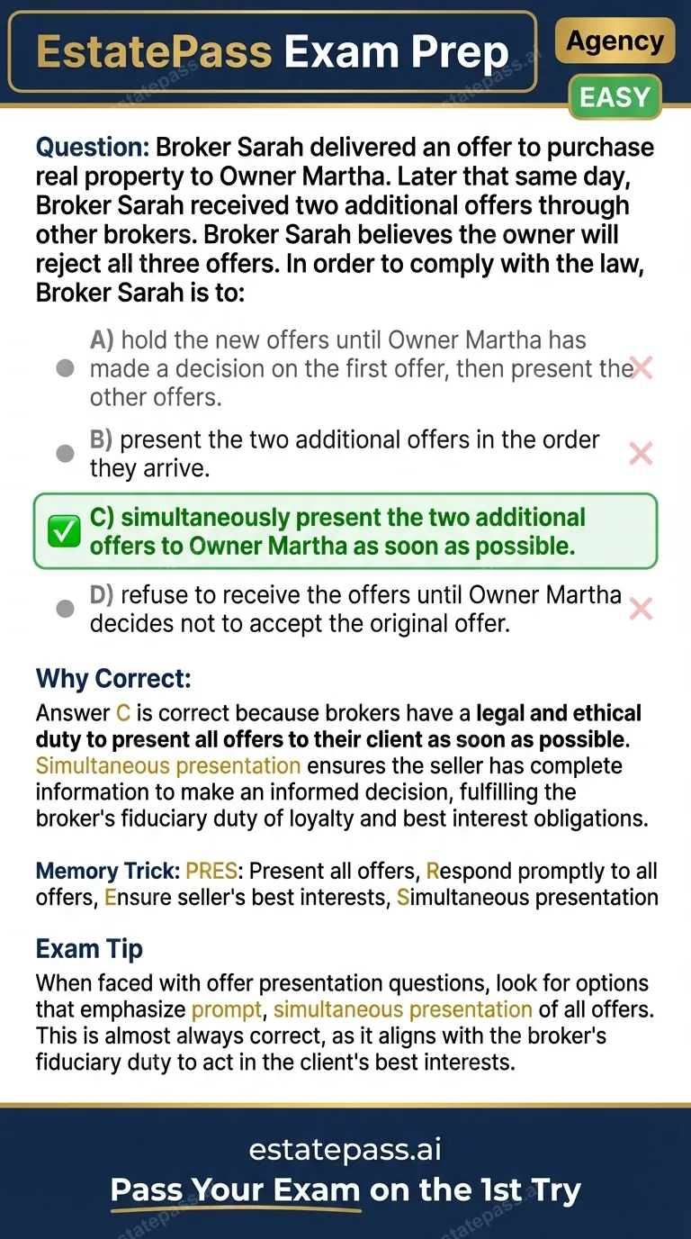 Study card infographic for: Broker Sarah delivered an offer to purchase real property to Owner Martha. Owner