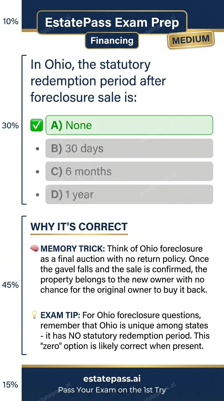 Study card infographic for: In Ohio, the statutory redemption period after foreclosure sale is: