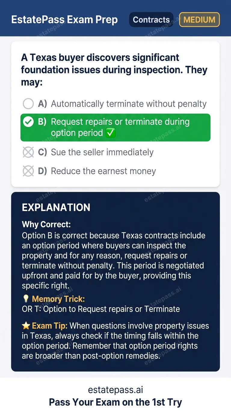 Study card infographic for: A Texas buyer discovers significant foundation issues during inspection. They ma