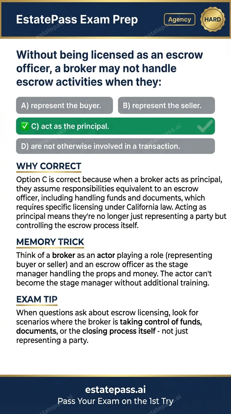 Study card infographic for: Without being licensed as an escrow officer, a broker may not handle escrow acti