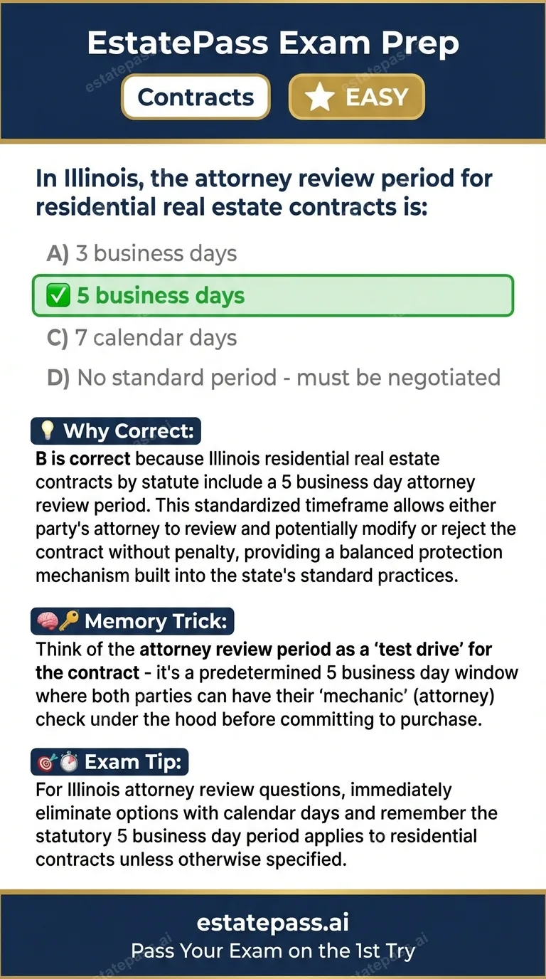 Study card infographic for: In Illinois, the attorney review period for residential real estate contracts is