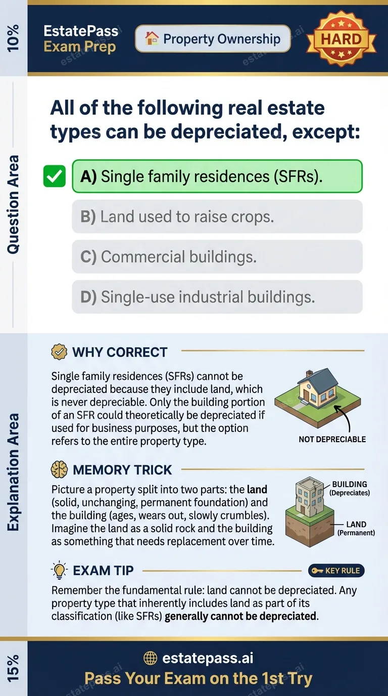 Study card infographic for: All of the following real estate types can be depreciated, except: