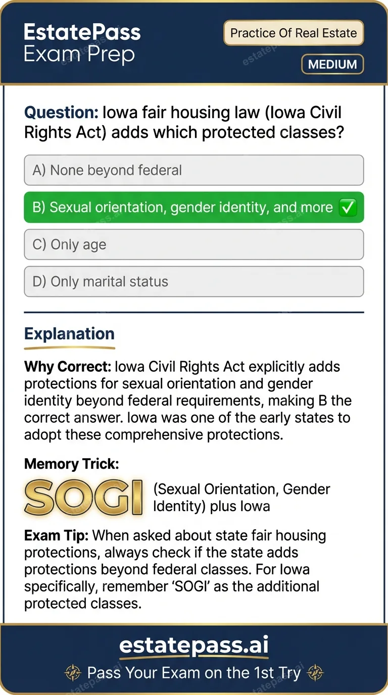 Study card infographic: Iowa fair housing law (Iowa Civil Rights Act) adds which protected classes?