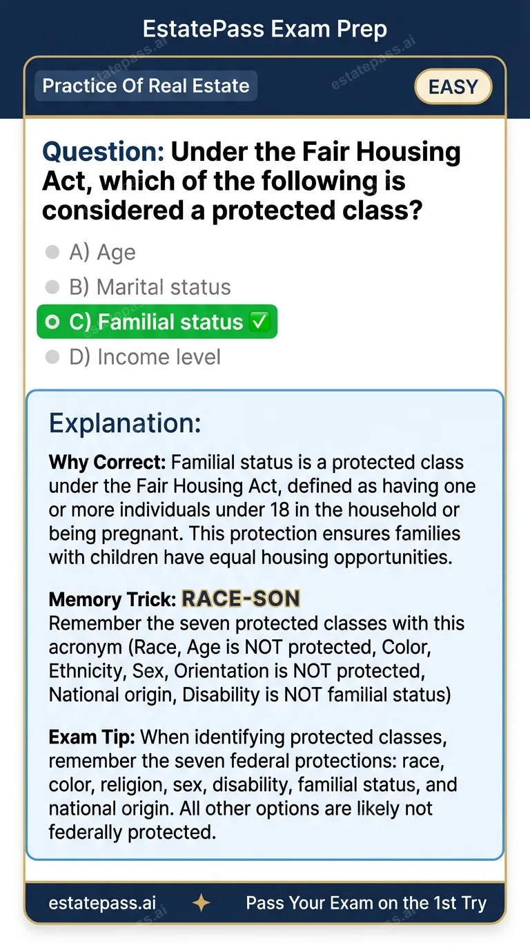 Study card infographic: Under the Fair Housing Act, which of the following is considered a protected cla