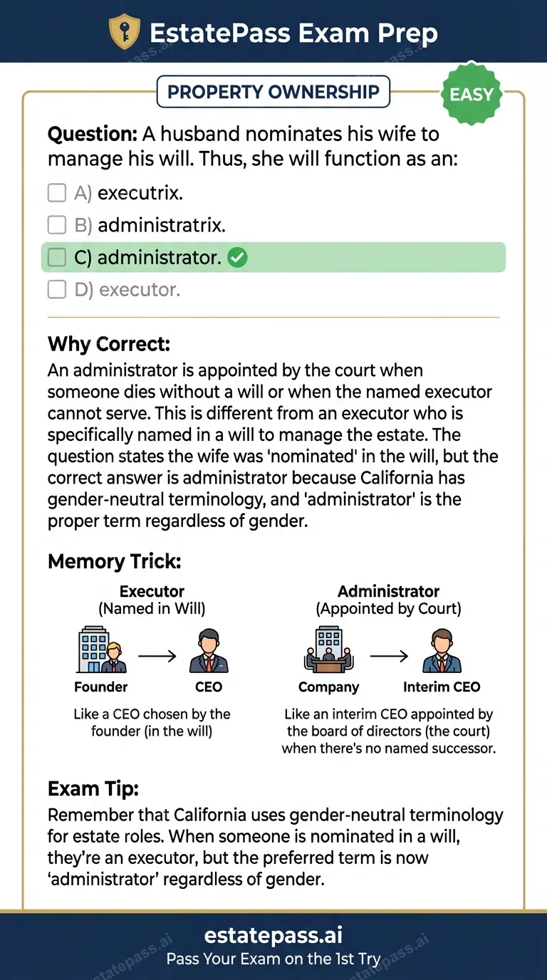 Study card infographic for: A husband nominates his wife to manage his will. Thus, she will function as an: