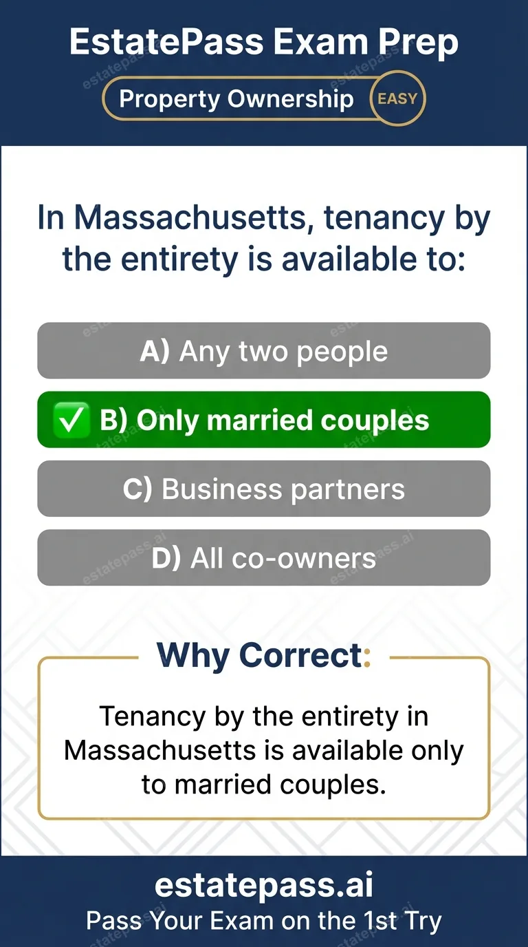 Study card infographic for: In Massachusetts, tenancy by the entirety is available to: