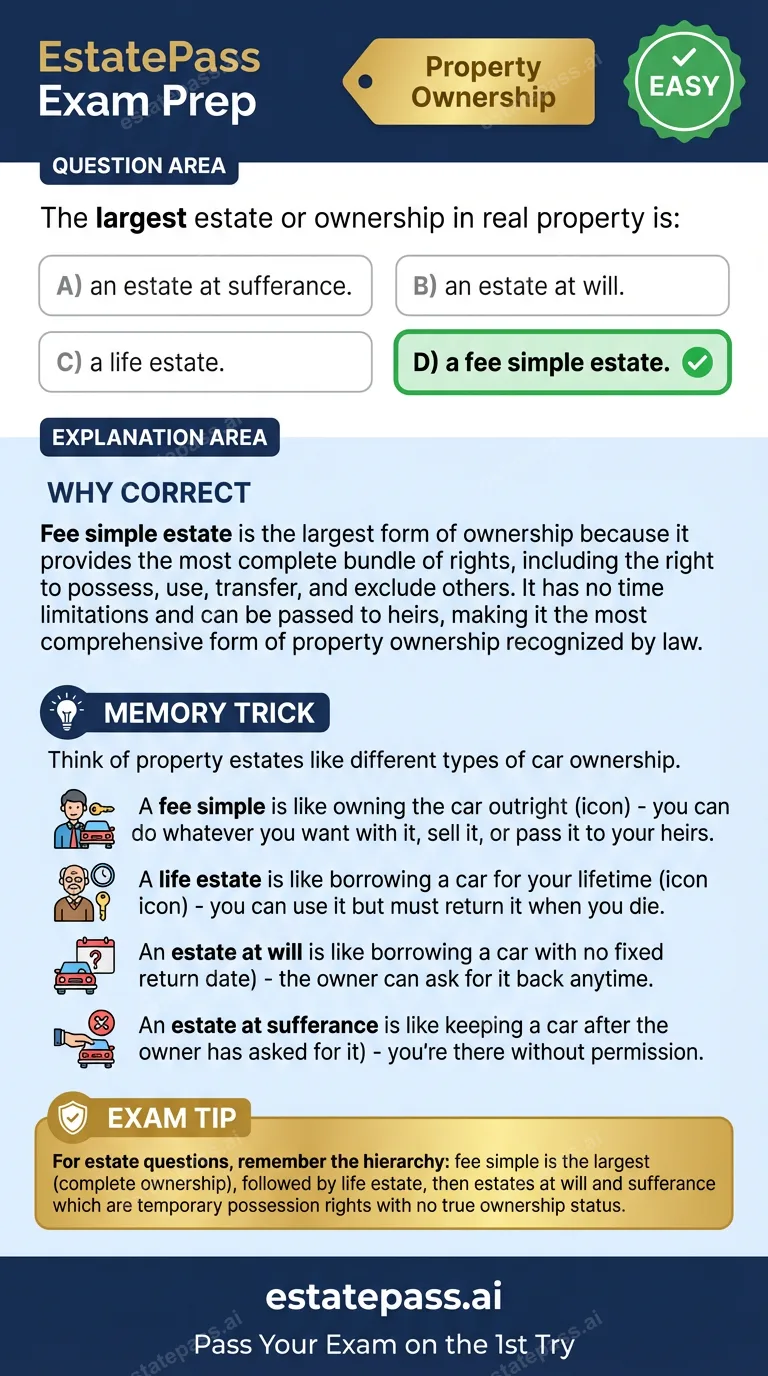 Study card infographic for: The largest estate or ownership in real prop- erty is