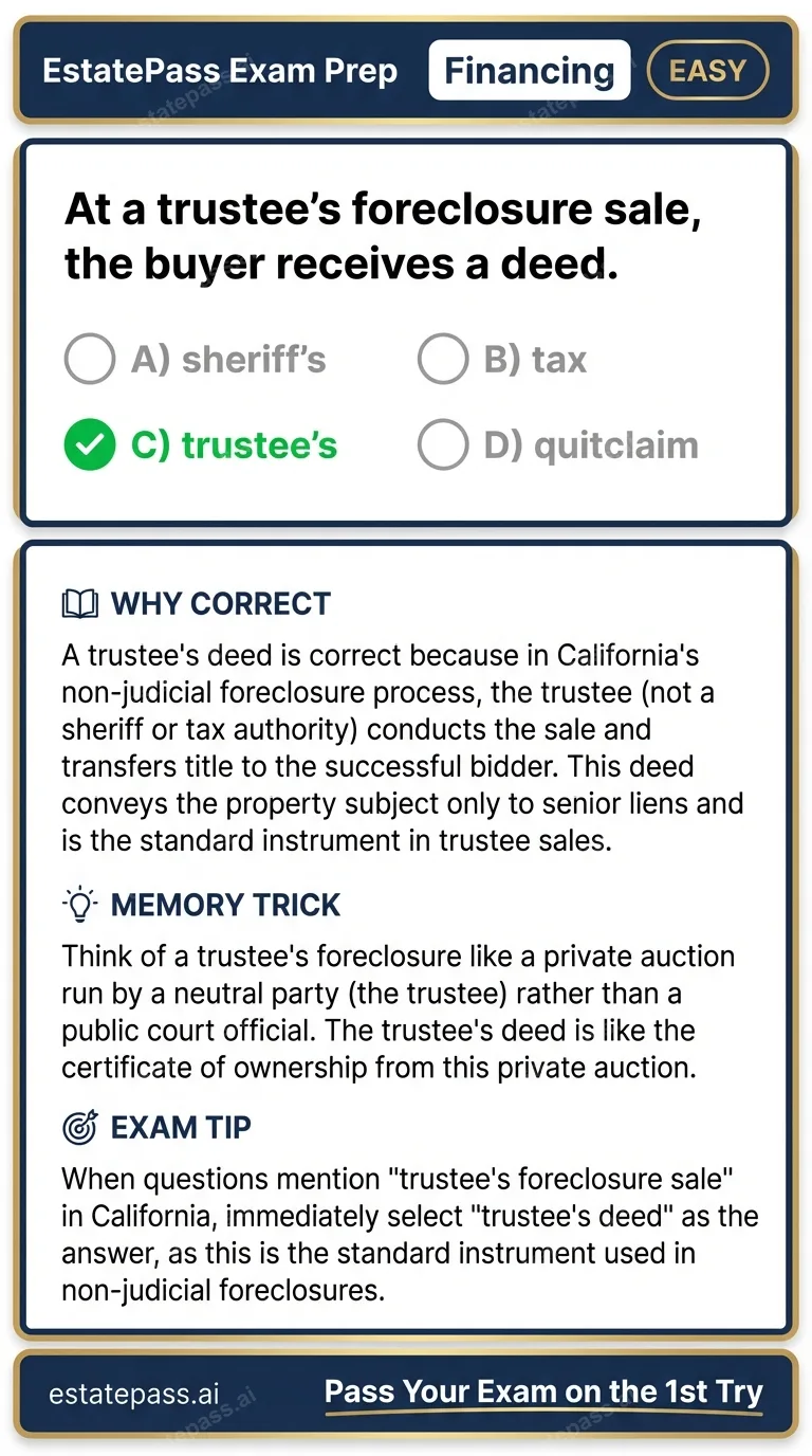 Study card infographic for: At a trustee’s foreclosure sale, the buyer receives a deed.