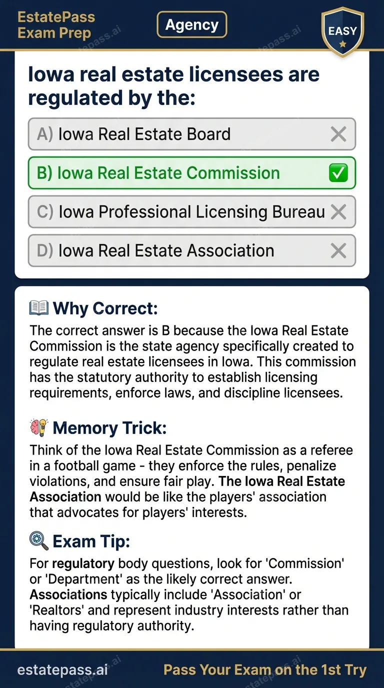 Study card infographic: Iowa real estate licensees are regulated by the: