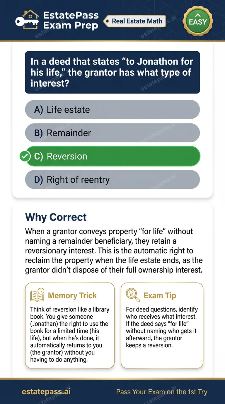 Study card infographic for: In a deed that states “to Jonathon for his life,” the grantor has what type of i