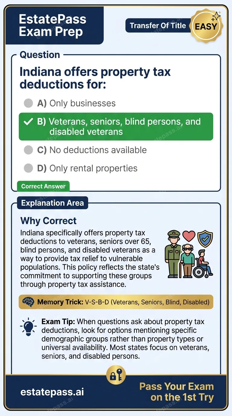 Study card infographic: Indiana offers property tax deductions for: