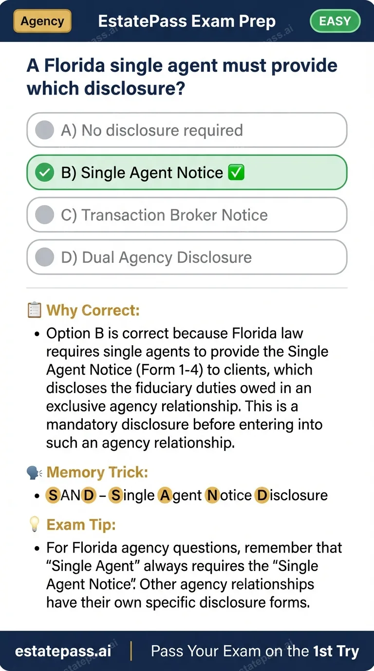 Study card infographic: A Florida single agent must provide which disclosure?