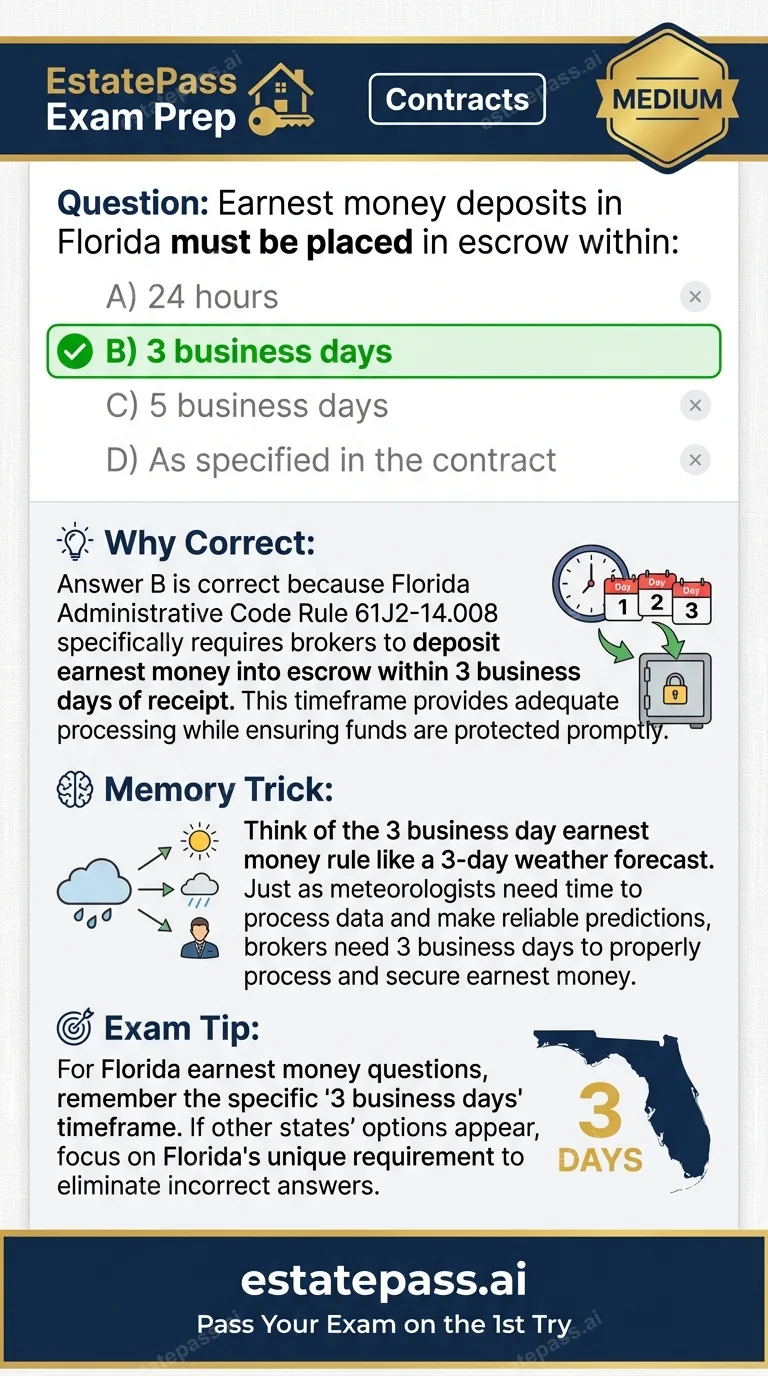 Study card infographic: Earnest money deposits in Florida must be placed in escrow within: