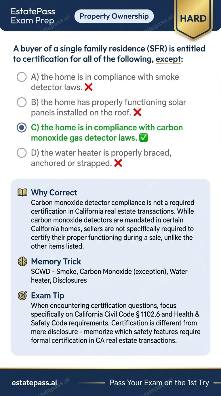 Study card infographic for: A buyer of a single family residence (SFR) is entitled to certification for all 