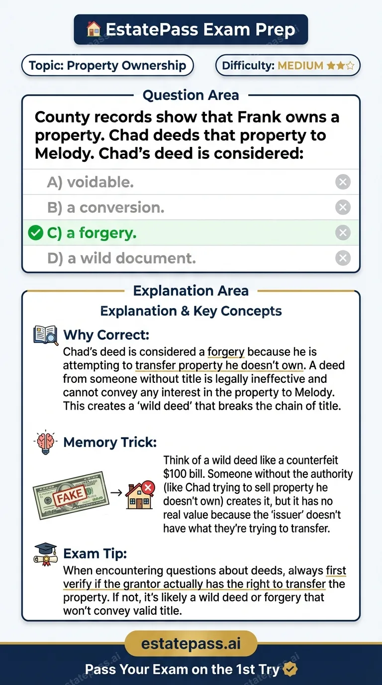 Study card infographic for: County records show that Frank owns a property. Chad deeds that property to Melo