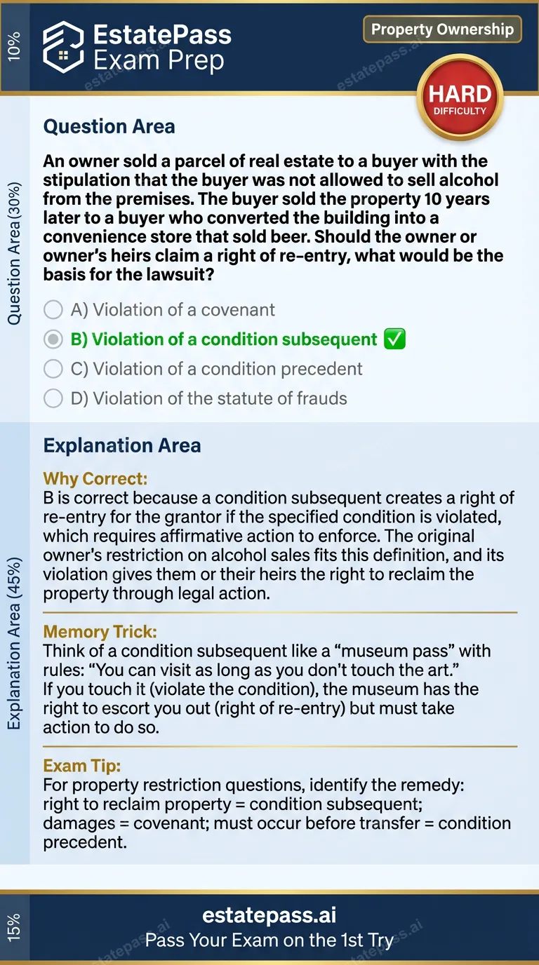 Study card infographic for: An owner sold a parcel of real estate to a buyer with the stipulation that the b