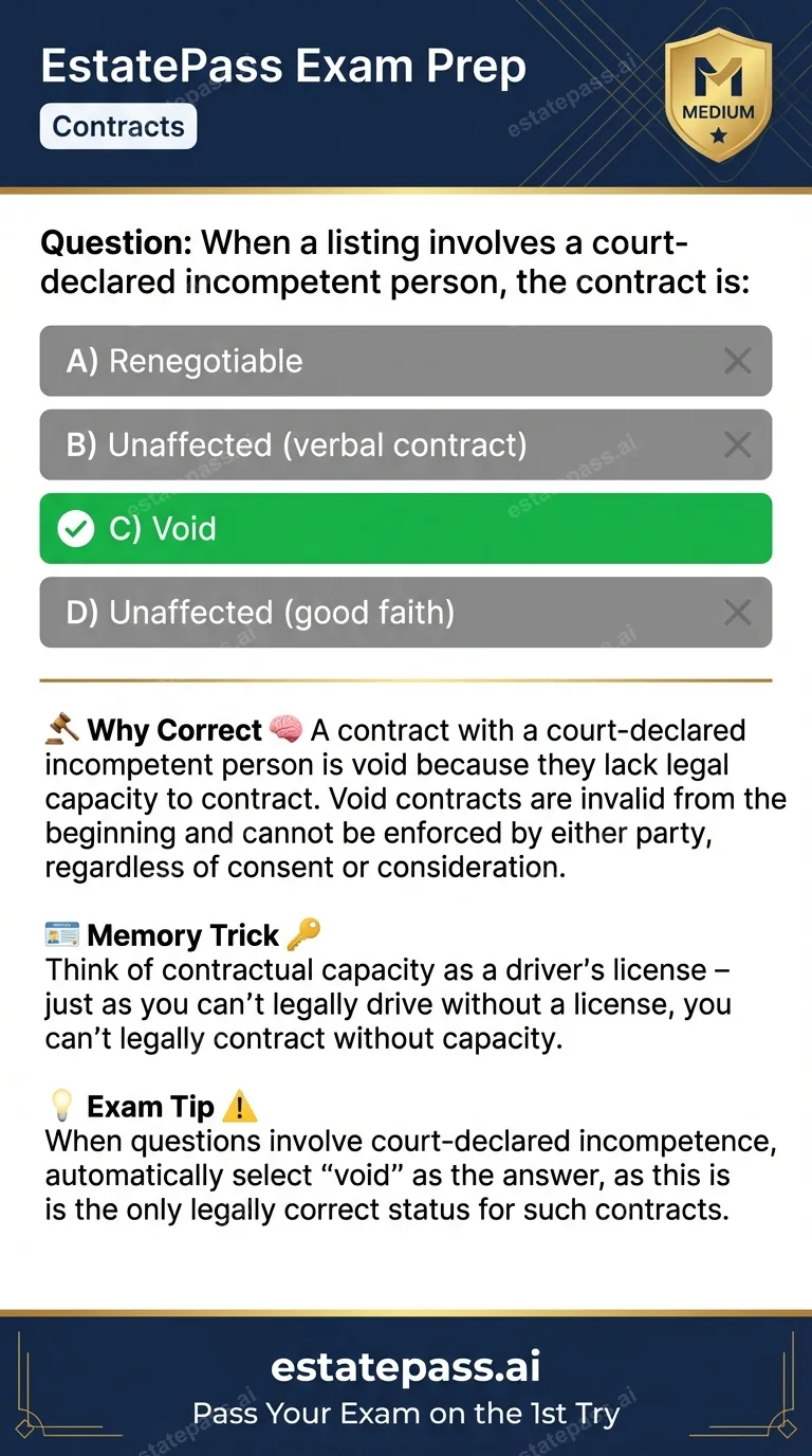 Study card infographic: When a listing involves a court-declared incompetent person, the contract is: