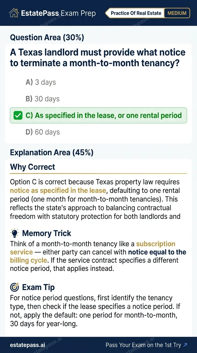 Study card infographic for: A Texas landlord must provide what notice to terminate a month-to-month tenancy?