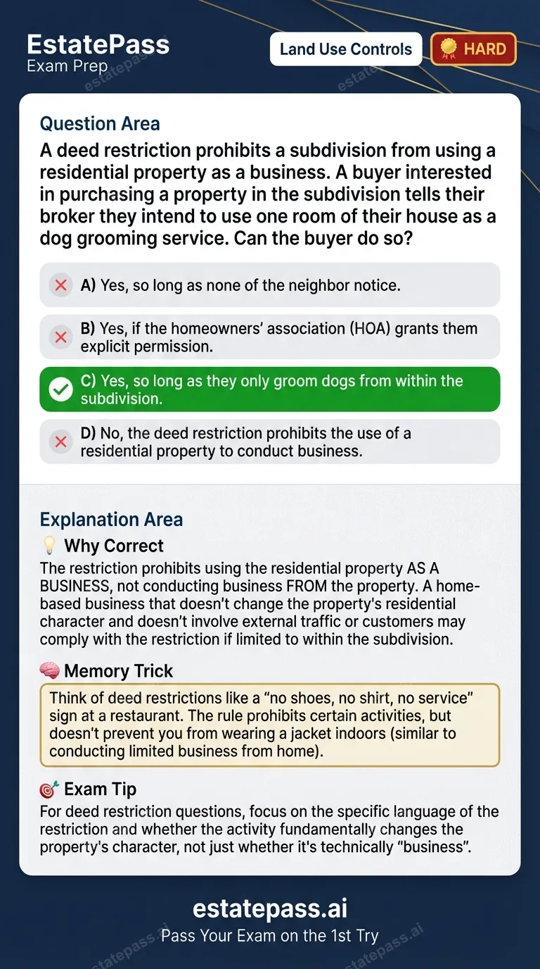 Study card infographic for: A deed restriction prohibits a subdivision from using a residential property as 