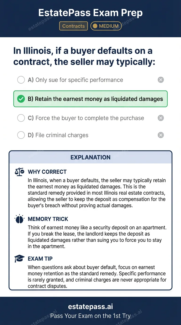 Study card infographic for: In Illinois, if a buyer defaults on a contract, the seller may typically: