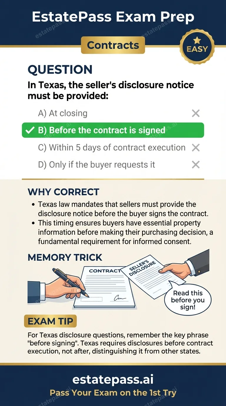 Study card infographic for: In Texas, the seller's disclosure notice must be provided: