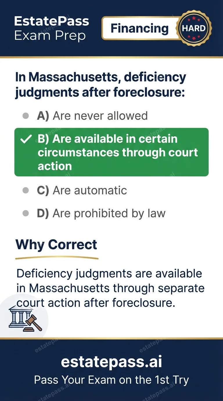 Study card infographic for: In Massachusetts, deficiency judgments after foreclosure: