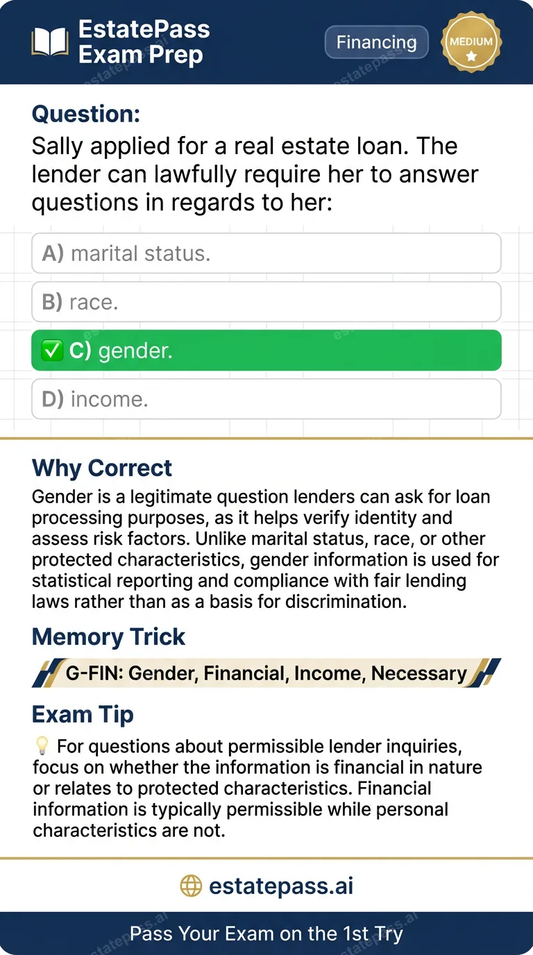 Study card infographic for: Sally applied for a real estate loan. The lender can lawfully require her to ans