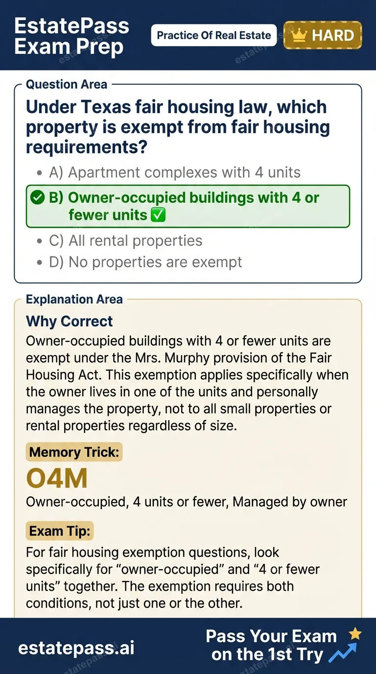 Study card infographic: Under Texas fair housing law, which property is exempt from fair housing require
