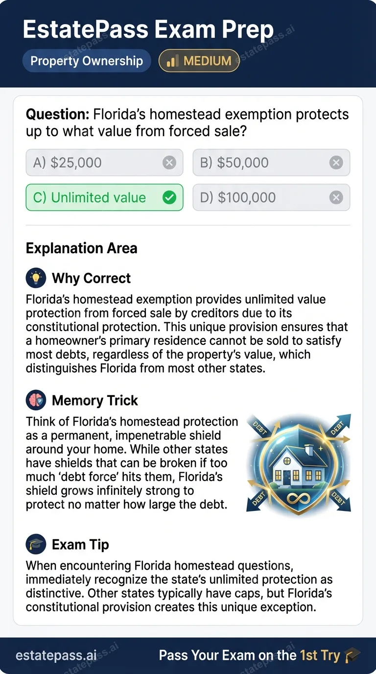 Study card infographic for: Florida's homestead exemption protects up to what value from forced sale?