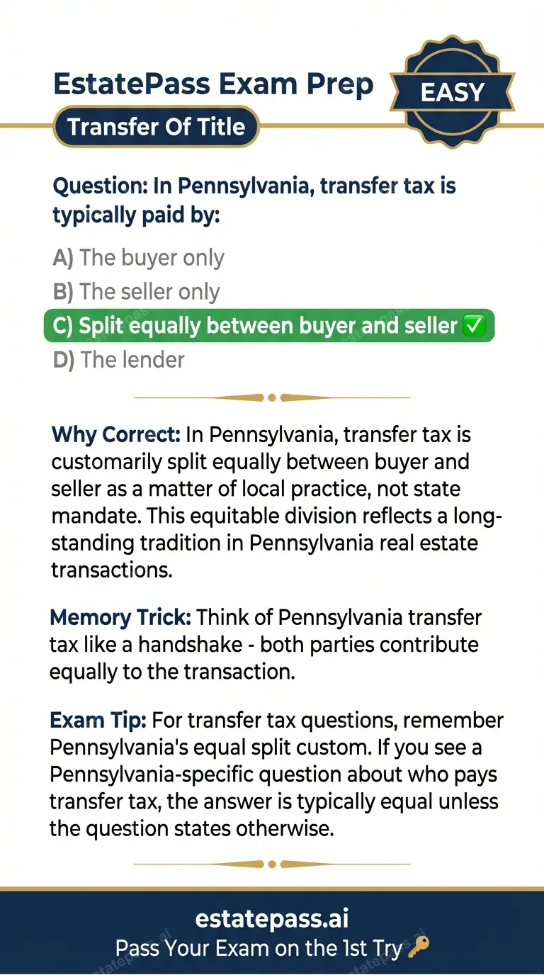 Study card infographic for: In Pennsylvania, transfer tax is typically paid by: