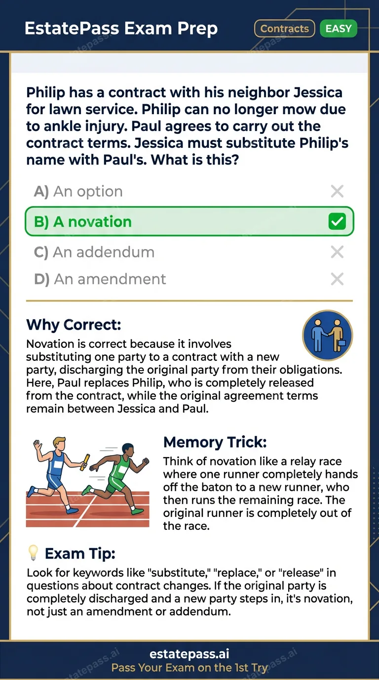 Study card infographic: Philip has a contract with his neighbor Jessica for lawn service. Philip can no 