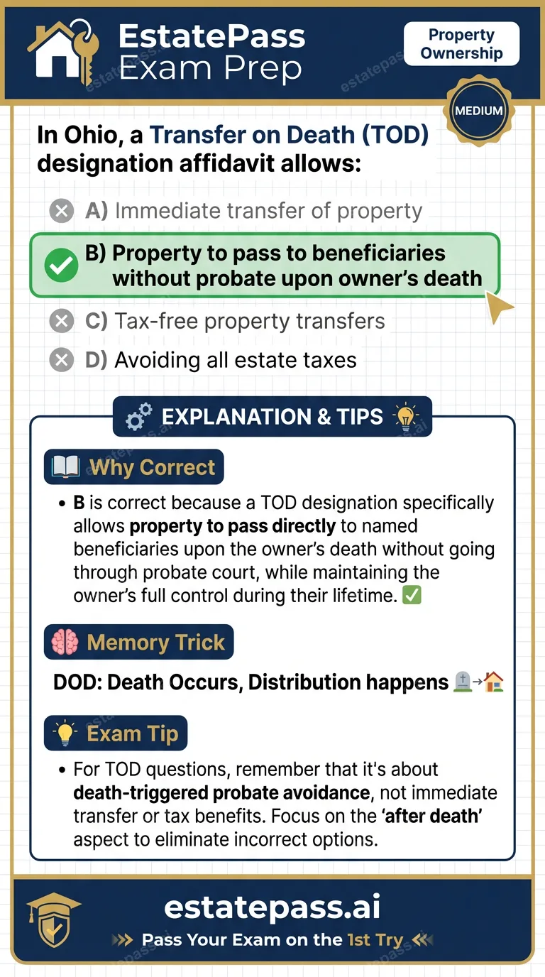 Study card infographic for: In Ohio, a Transfer on Death (TOD) designation affidavit allows: