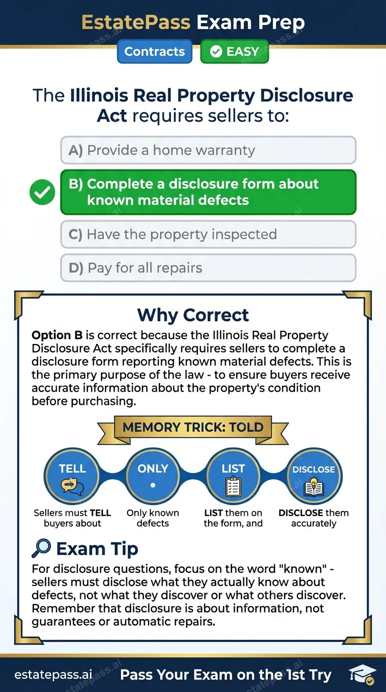 Study card infographic for: The Illinois Real Property Disclosure Act requires sellers to:
