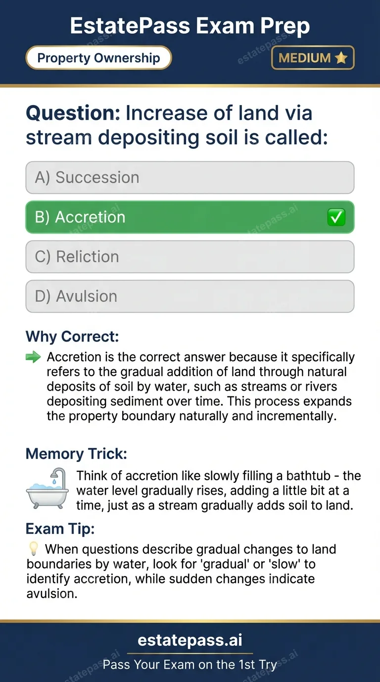 Study card infographic: Increase of land via stream depositing soil is called: