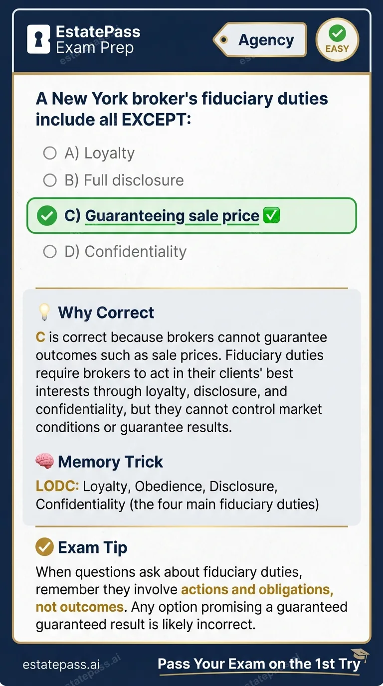 Study card infographic for: A New York broker's fiduciary duties include all EXCEPT: