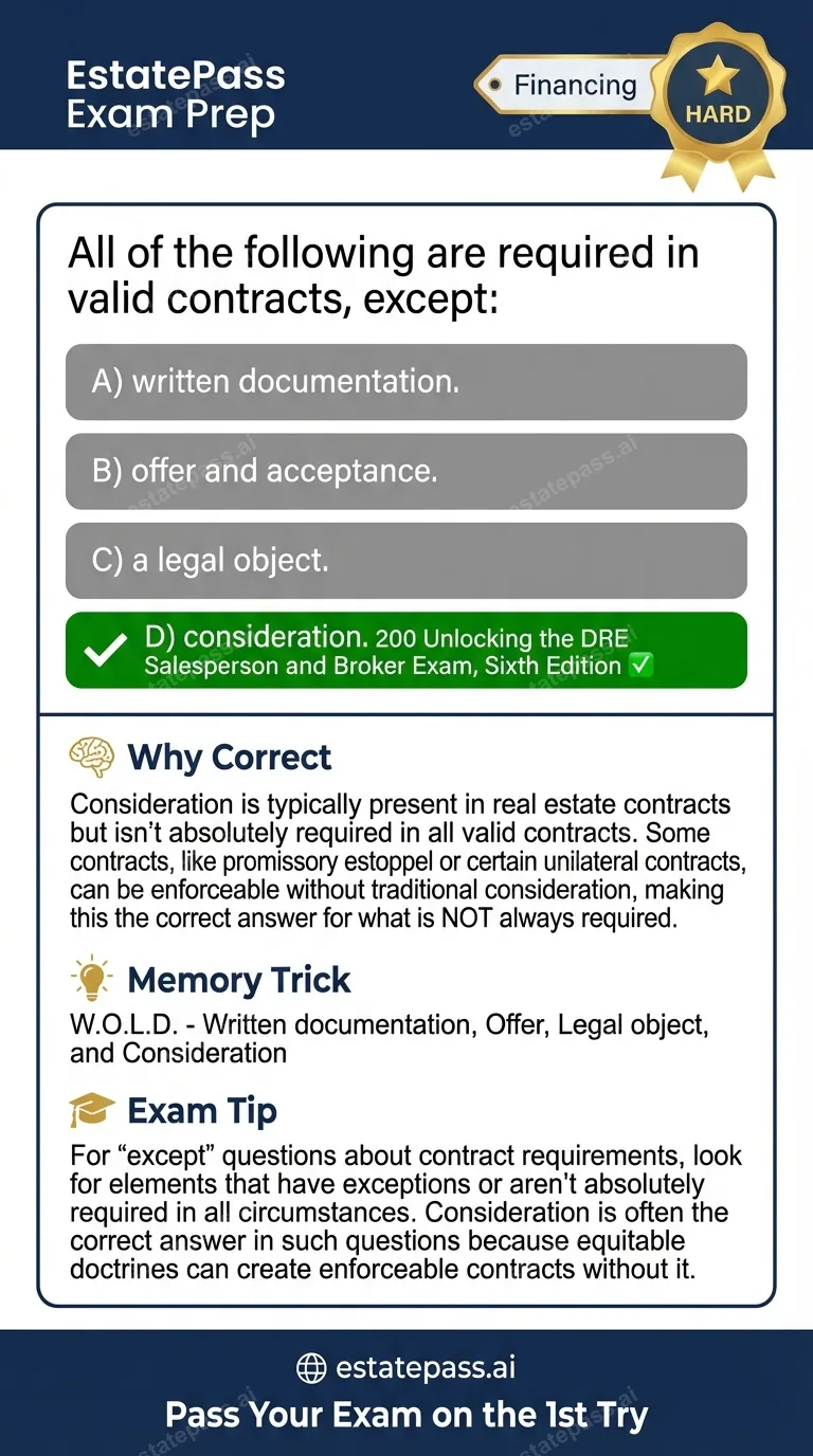 Study card infographic for: All of the following are required in valid contracts, except: