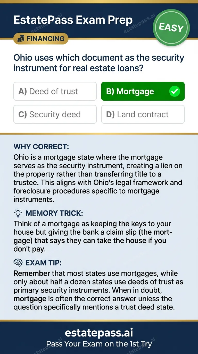 Study card infographic for: Ohio uses which document as the security instrument for real estate loans?