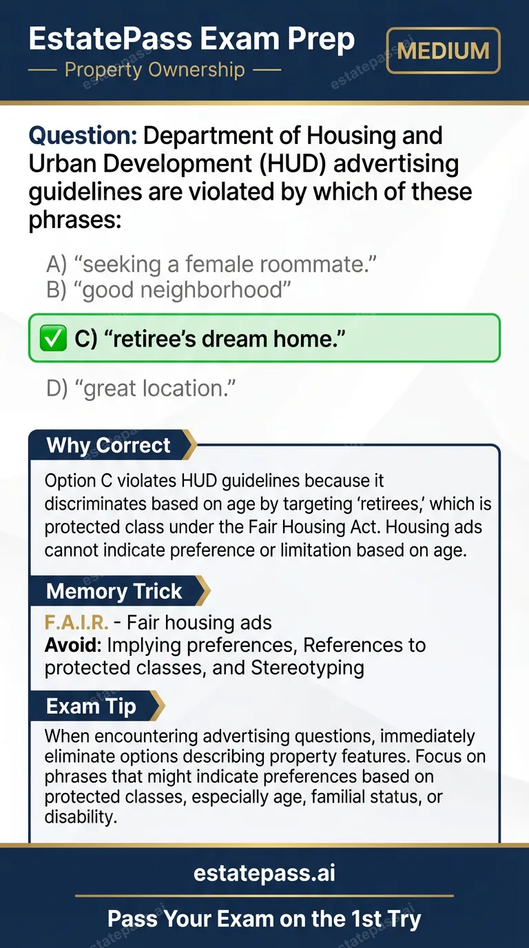 Study card infographic for: Department of Housing and Urban Development (HUD) advertising guidelines are vio