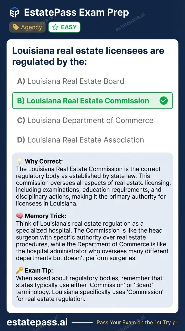 Study card infographic: Louisiana real estate licensees are regulated by the: