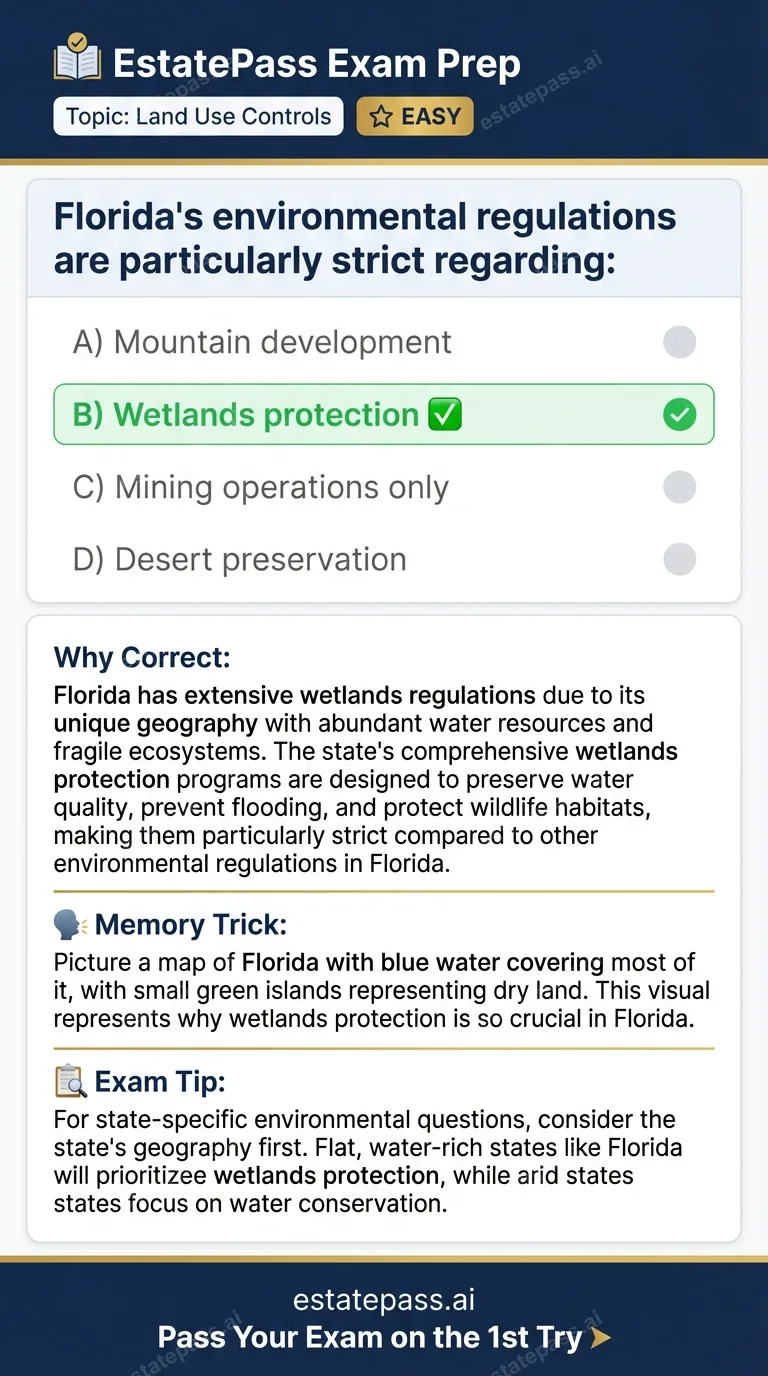 Study card infographic for: Florida's environmental regulations are particularly strict regarding: