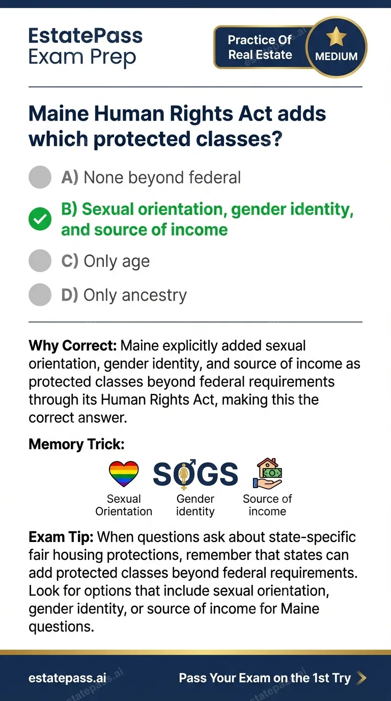 Study card infographic: Maine Human Rights Act adds which protected classes?