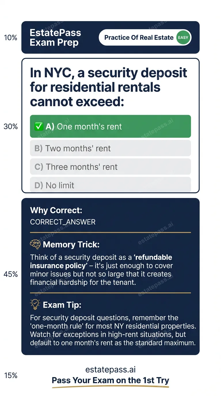 Study card infographic for: In NYC, a security deposit for residential rentals cannot exceed: